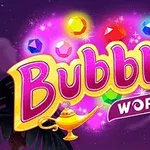Violetti tausta, jossa lukee Bubble World suurilla, värikkäillä kirjaimilla ja yläpuolella leijuu erilaisia kimaltelevia jalokiviä lampun vieressä
