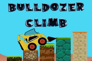 Kuvassa on keltainen puskutraktori, joka ajaa eri korkeuksilla olevien lohkareiden päällä, ja yläreunassa lukee isoilla kirjaimilla BULLDOZER CLIMB
