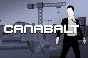 Mies siluetissa juoksee kattojen yllä harmaassa kaupunkimaisemassa nosturin edessä, yläpuolella sana Canabalt