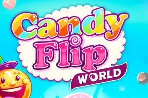 Kirjava ja värikäs teksti Candy Flip World sinisellä taustalla, ympärillä makeisia ja hymyilevä keksihahmo
