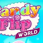 Kirjava ja värikäs teksti Candy Flip World sinisellä taustalla, ympärillä makeisia ja hymyilevä keksihahmo