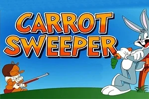 Piirroshahmo jänis pitelee porkkanaa, ja toinen hahmo, jolla on metsästäjän hattu, osoittaa häntä leikkipyssyllä; taustalla on sininen taivas ja teksti Carrot Sweeper