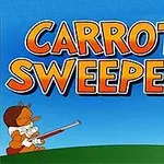 Piirroshahmo jänis pitelee porkkanaa, ja toinen hahmo, jolla on metsästäjän hattu, osoittaa häntä leikkipyssyllä; taustalla on sininen taivas ja teksti Carrot Sweeper