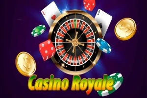 Kuvassa on rulettipyörä, pelimerkkejä, kolikkoja, pelikortteja ja teksti Casino Royale violetilla taustalla