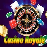 Kuvassa on rulettipyörä, pelimerkkejä, kolikkoja, pelikortteja ja teksti Casino Royale violetilla taustalla
