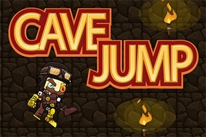 Piirroshahmo hyppäämässä kypärä päässä kivutaustalla, jossa on kaksi palavista soihtua ja teksti Cave Jump