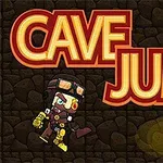 Piirroshahmo hyppäämässä kypärä päässä kivutaustalla, jossa on kaksi palavista soihtua ja teksti Cave Jump