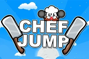 Kokinhattuinen hahmo pitää suuria veitsiä pilvisellä sinisellä taustalla, tekstin Chef Jump ympärillä