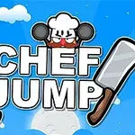 Kokinhattuinen hahmo pitää suuria veitsiä pilvisellä sinisellä taustalla, tekstin Chef Jump ympärillä