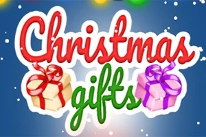 Teksti Christmas gifts värikkäillä kirjaimilla, taustalla kaksi lahjapakettia ja lumihiutaleita
