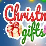 Teksti Christmas gifts värikkäillä kirjaimilla, taustalla kaksi lahjapakettia ja lumihiutaleita