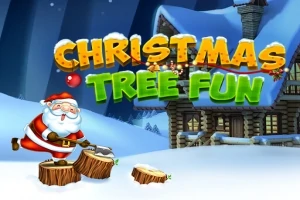Joulupukki hakkaa halkoja lumisessa maisemassa, taustalla on jouluvaloin koristeltu hirsitalo ja teksti Christmas Tree Fun