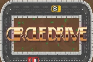 Punainen ja keltainen auto ajaa ovaalin muotoista rataa, keskellä isolla teksti CIRCLE DRIVE