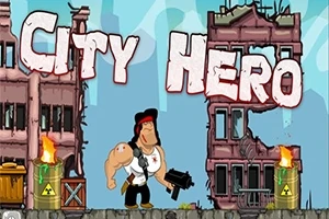 Lihaksikas hahmo seisoo raunioituneiden rakennusten edessä, pitäen kädessään asetta, ja taustalla näkyy teksti City Hero