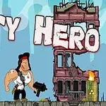 Lihaksikas hahmo seisoo raunioituneiden rakennusten edessä, pitäen kädessään asetta, ja taustalla näkyy teksti City Hero