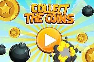 Kuvassa on värikäs tausta, jossa on suuria kolikoita, pommeja ja keskellä keltainen soittopainike, jonka yläpuolella on teksti COLLECT THE COINS