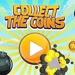 Kuvassa on värikäs tausta, jossa on suuria kolikoita, pommeja ja keskellä keltainen soittopainike, jonka yläpuolella on teksti COLLECT THE COINS