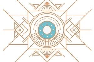 Geometrinen kuvio, jossa on ruskeita symmetrisiä viivoja ja keskellä sininen ympyrä, jossa on pieniä pisteitä