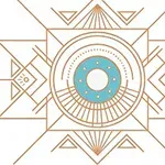 Geometrinen kuvio, jossa on ruskeita symmetrisiä viivoja ja keskellä sininen ympyrä, jossa on pieniä pisteitä