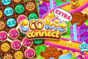 Värikäs kuva, jossa on keksejä muistuttavia hahmoja, värikkäitä reittejä, ja kaksi hymyilevää apinaa, taustalla kirjava teksti Cookie Connect EXTRA