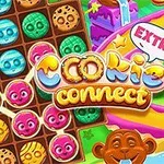 Värikäs kuva, jossa on keksejä muistuttavia hahmoja, värikkäitä reittejä, ja kaksi hymyilevää apinaa, taustalla kirjava teksti Cookie Connect EXTRA