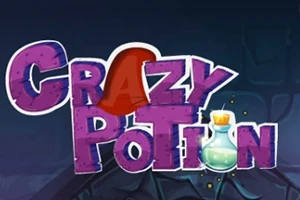 Violetti teksti Crazy Potion tummalla taustalla ja pieni taikajuomapullo kirjaimen vieressä