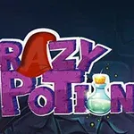 Violetti teksti Crazy Potion tummalla taustalla ja pieni taikajuomapullo kirjaimen vieressä