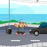 Mies seisoo kadulla tumman auton edessä, merenranta taustallaan