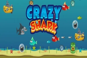 Värikäs vedenalainen kohtaus, jossa on haita, kaloja, sukellusveneitä ja merenpohjan kasveja, keskellä teksti Crazy Shark