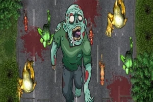 Zombi kulkee tiellä, joka on täynnä verta ja vihreitä ja keltaisia mutanttikonnia