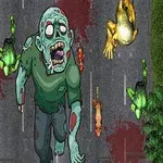 Zombi kulkee tiellä, joka on täynnä verta ja vihreitä ja keltaisia mutanttikonnia
