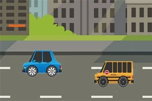 Kaksi piirrettyä autoa ajaa rinnakkain kaupunkimaisemassa