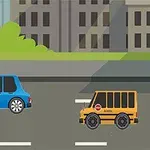 Kaksi piirrettyä autoa ajaa rinnakkain kaupunkimaisemassa