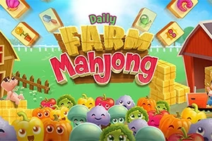 Värikkäitä vihanneksia pellolla tallin ja latojen ympäröimänä, taustalla näkyy mahjong-laattoja