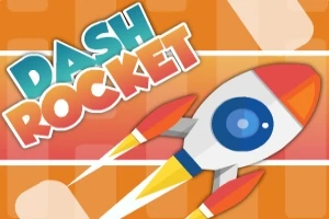Oranssilla taustalla on piirros raketista ja värikkäästä DASH ROCKET -tekstistä