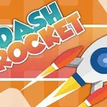 Oranssilla taustalla on piirros raketista ja värikkäästä DASH ROCKET -tekstistä