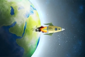 Raketti lentää avaruuteen maapallolta, jättäen jälkeensä liekkejä ja savua