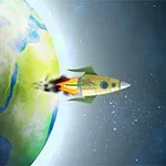 Raketti lentää avaruuteen maapallolta, jättäen jälkeensä liekkejä ja savua