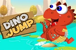 Punainen dinosaurus pomppii veden päällä kirkkaassa ja hauskanvärisessä maisemassa, jossa on kyltti