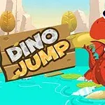 Punainen dinosaurus pomppii veden päällä kirkkaassa ja hauskanvärisessä maisemassa, jossa on kyltti