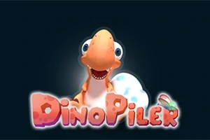 Oranssi dinosaurus hymyilee iloisen näköisenä ja istuu suuren, sinipilkullisen munan vieressä tummalla taustalla, jossa on vaaleanpunainen teksti DinoPiler
