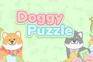 Kaksi piirrettyä koiraa hymyilee värikkäiden koiranherkkujen keskellä, joissa lukee Doggy Puzzle