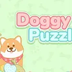 Kaksi piirrettyä koiraa hymyilee värikkäiden koiranherkkujen keskellä, joissa lukee Doggy Puzzle