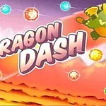 Vihreä lohikäärme lentää värikkäiden jalokivien ja oranssin taustamaiseman keskellä, keskellä teksti Dragon Dash