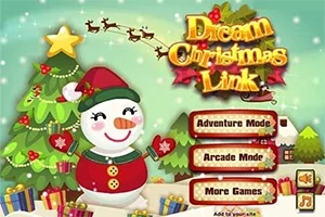 Iloinen lumiukko joulukuusen edessä, ympärillä lahjoja ja lumihiutaleita, taustalla lentävät porot ja teksti Dream Christmas Link