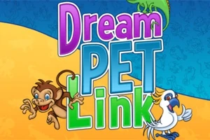 Värikäs Dream Pet Link -teksti sinisellä ja keltaisella taustalla, jota ympäröivät iloiset piirroshahmot, kuten apina ja kakadu