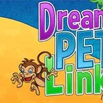 Värikäs Dream Pet Link -teksti sinisellä ja keltaisella taustalla, jota ympäröivät iloiset piirroshahmot, kuten apina ja kakadu