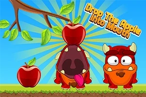 Kaksi punaista hirviötä ja omenoita piirrosmaisella taustalla, jossa on oksa ja teksti Drop The Apple Into Mouth
