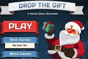 Joulupukki pitää lahjaa kädessään sinisellä taustalla, ja kuvassa on painikkeita, kuten PLAY ja Best Santas