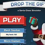 Joulupukki pitää lahjaa kädessään sinisellä taustalla, ja kuvassa on painikkeita, kuten PLAY ja Best Santas
